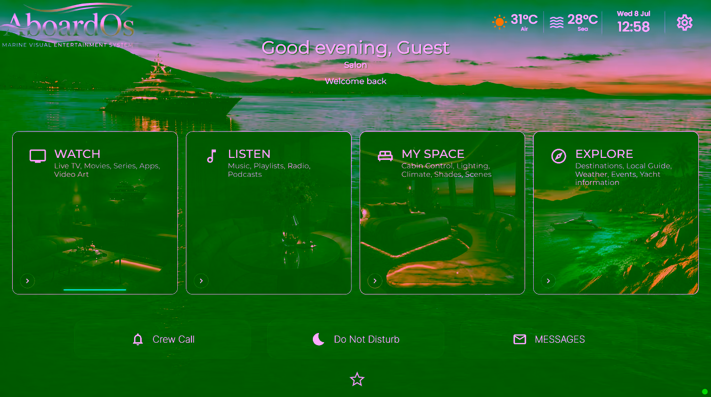 AboardOs home screen with Watch, Listen, My Space and Explore
